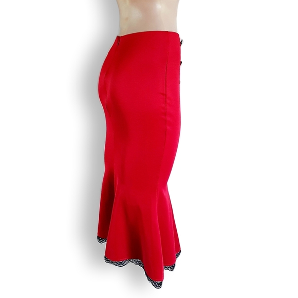 Deep red, satin-look, low sitting mermaid, pencil, knee length skirt AU 8-10 - Picture 7 of 11